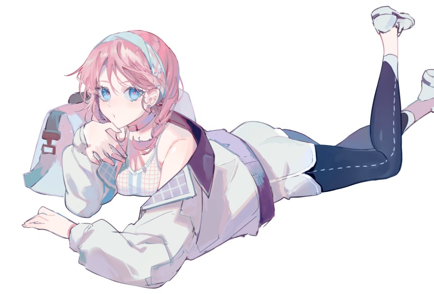 1girl, arknights, azure_silan, black_pants, blue_eyes, blue_hairband, blue_poison_(arknights), blue_poison_(shoal_beat)_(arknights), bra, braid, breasts, chinese_commentary, choker, cleavage, dolphin_shorts, ear_piercing, foot_out_of_frame, hairband, highres, jacket, looking_at_viewer, lying, medium_breasts, medium_hair, official_alternate_costume, on_stomach, open_clothes, open_jacket, pants, pants_under_shorts, piercing, pink_choker, pink_hair, pink_pupils, shoes, short_shorts, shorts, simple_background, solo, sports_bra, tight_clothes, tight_pants, twin_braids, underwear, white_background, white_bra, white_jacket, white_shoes, white_shorts