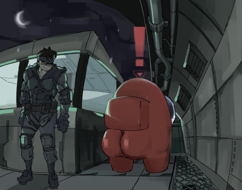 !, 1boy, 1other, absurdres, among_us, ass, commentary, crescent_moon, crewmate_(among_us), english_commentary, full_body, grating, highres, huge_ass, industrial_pipe, meme, metal_gear_(series), metal_gear_solid, moon, night, ratfoob, red_(among_us), sneaking_suit, solid_snake, standing, tile_floor, tiles
