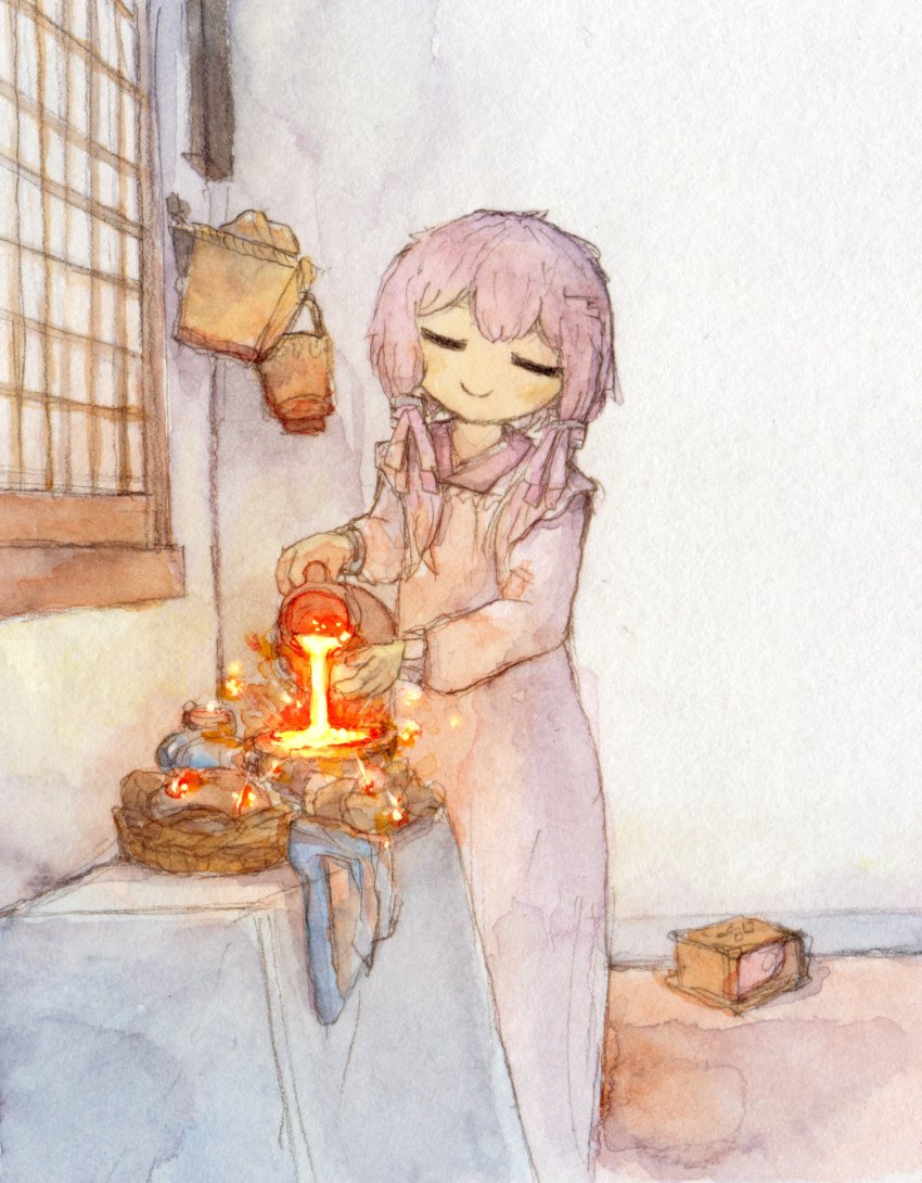 1girl, absurdres, basket, blush, bone_71, closed_eyes, commentary, dress