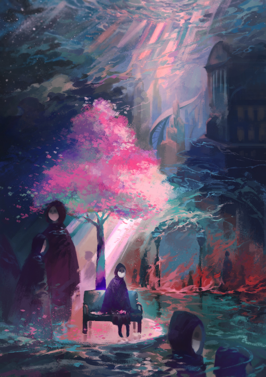 6+others, absurdres, amaurot, ambiguous_gender, bench, black_robe, building, commentary