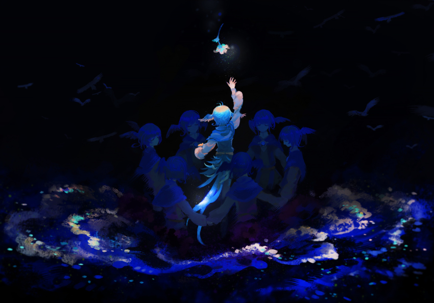 6+girls, antenna_hair, arm_up, bird, bird_girl, bird_tail, bird_wings, black_background