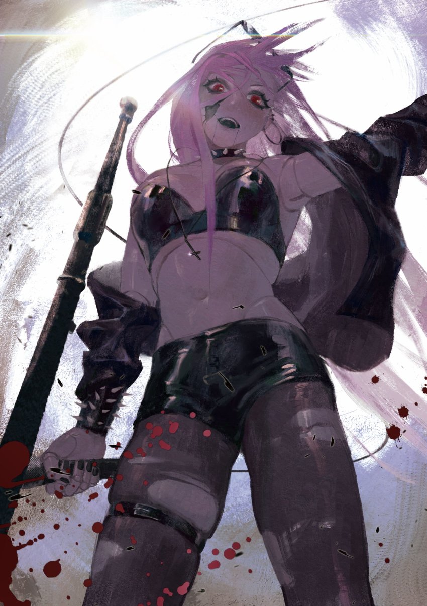 1girl, bare_shoulders, bespectacled, black_bra, black_jacket, black_nails, black_pantyhose, black_shorts, blood, blood_splatter, bra, bracelet, collar, cracked_skin, doll, doll_joints, from_below, glasses, highres, indie_virtual_youtuber, jacket, jacket_partially_removed, jewelry, joints, jowol, looking_at_viewer, midriff, nail_polish, navel, open_clothes, open_jacket, pantyhose, pink_hair, red_eyes, shiny_clothes, short_shorts, shorts, skindentation, solo, spiked_bracelet, spiked_collar, spikes, strapless, strapless_bra, sunglasses, the_old_crane, torn_clothes, torn_pantyhose, underwear, virtual_youtuber