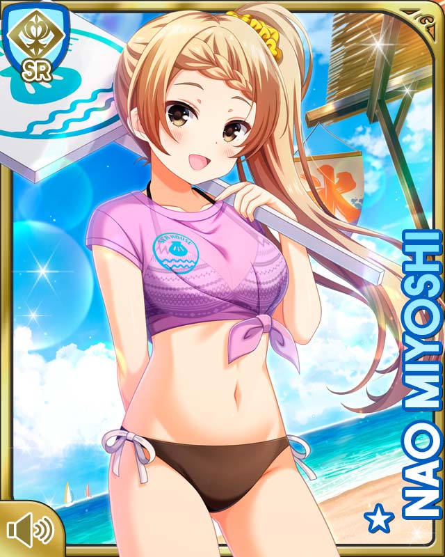 1girl, :d, beach, bikini, bikini_under_clothes, blouse, bow, braid