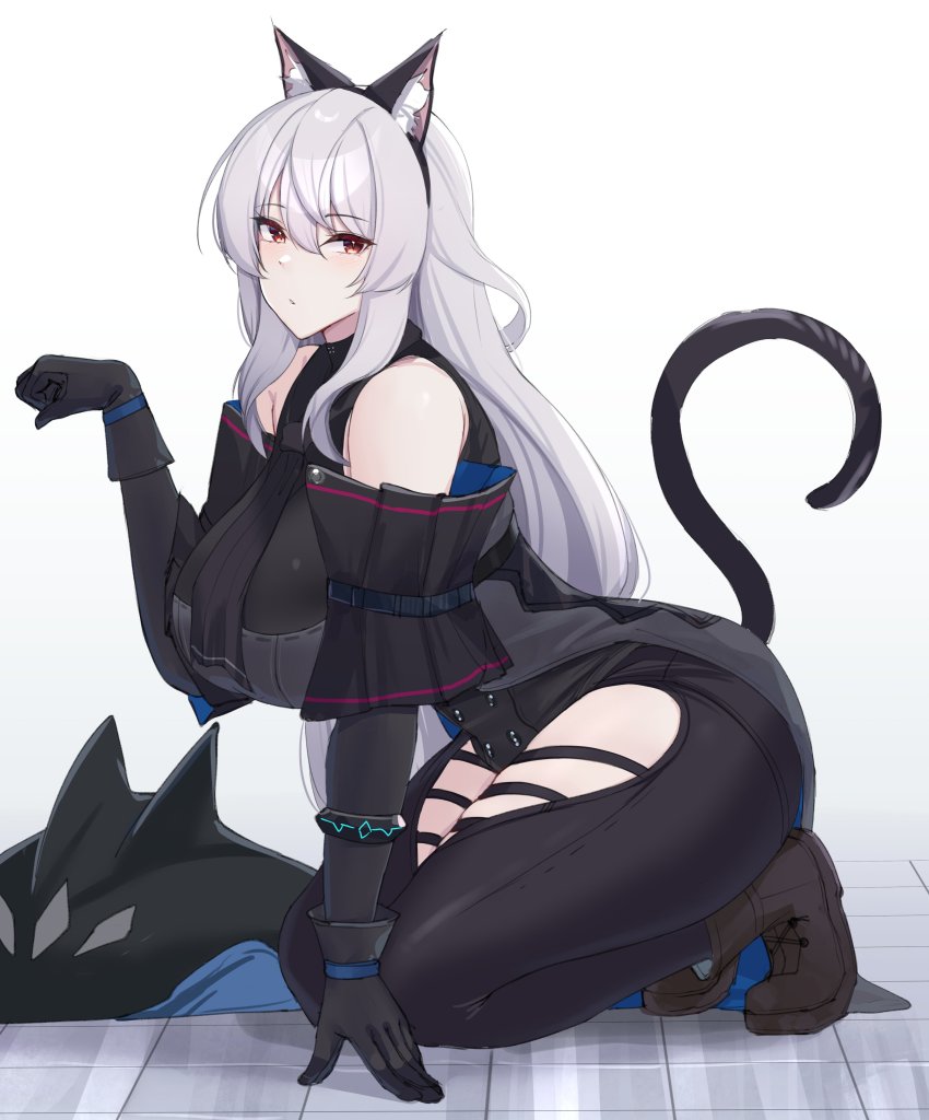 1girl, absurdres, animal_ears, arknights, ascot, bare_shoulders, black_ascot, black_gloves