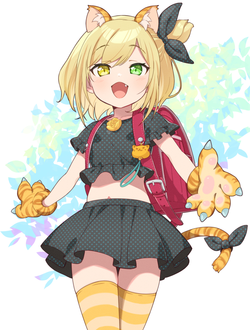 1girl, :d, animal_ear_fluff, animal_ears, animal_hands, backpack, bag, black_ribbon