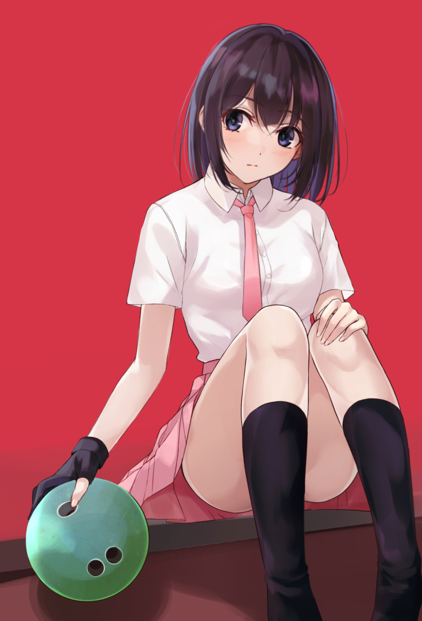 1girl, achiga_school_uniform, bad_id, bad_pixiv_id, ball, black_eyes, black_gloves, black_hair, black_socks, blue_eyes, blush, bob_cut, bowling_ball, bowling_glove, closed_mouth, commentary, dress_shirt, frown, gloves, hand_on_own_knee, highres, looking_at_viewer, mexif, miniskirt, necktie, pink_necktie, pink_skirt, pleated_skirt, red_background, sagimori_arata, saki, saki_(manga), saki_achiga-hen, school_uniform, shadow, shirt, short_hair, short_sleeves, simple_background, sitting, skirt, socks, solo, white_shirt, wing_collar