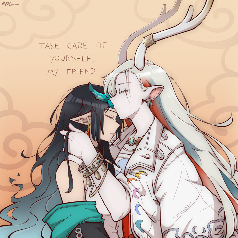 2girls, a_deer_of_nine_colors, animal_ears, antler_ring, antlers, arknights, black_hair, black_jacket