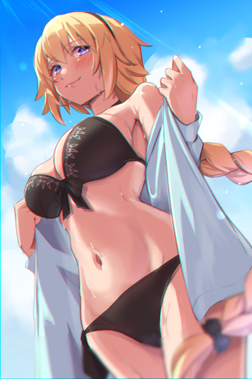 1girl, bikini, black_bikini, blonde_hair, blue_eyes, blue_jacket, blue_sky, blush