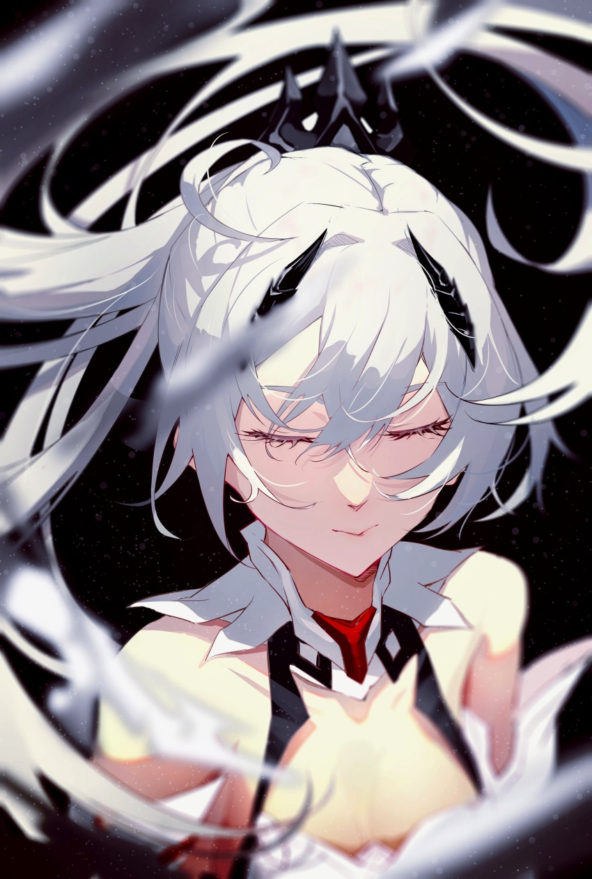 1girl, absurdres, bare_shoulders, black_background, closed_eyes, closed_mouth, collarbone, commentary_request