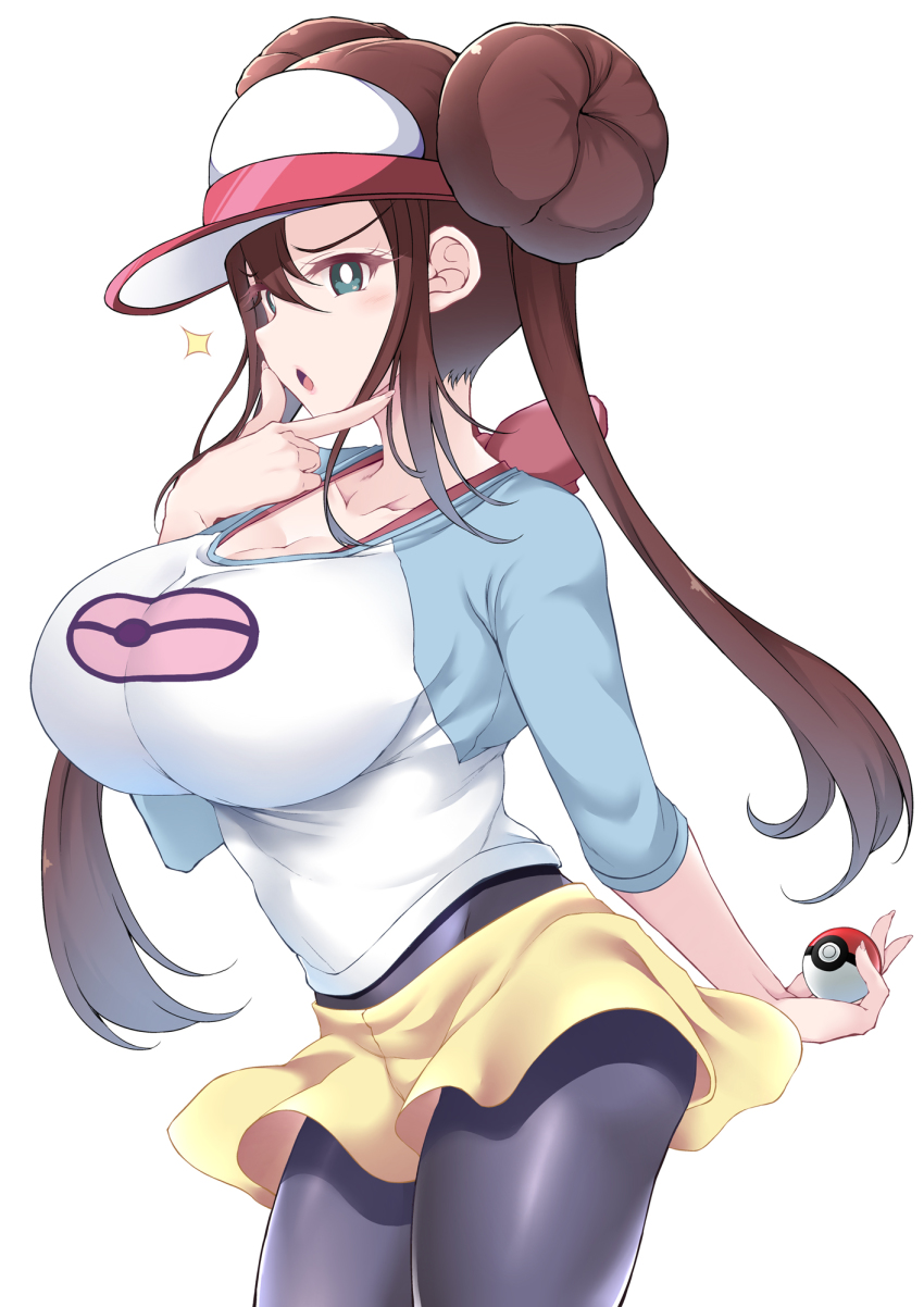 1girl, blue_eyes, breasts, brown_hair, cleavage, double_bun, fukunaga_yukito, hair_bun, highres, large_breasts, nintendo, open_mouth, pantyhose, poke_ball, pokemon, pokemon_black_2_and_white_2, pokemon_masters_ex, rosa_(pokemon), shorts, simple_background, sparkle, twintails, white_background, yellow_shorts