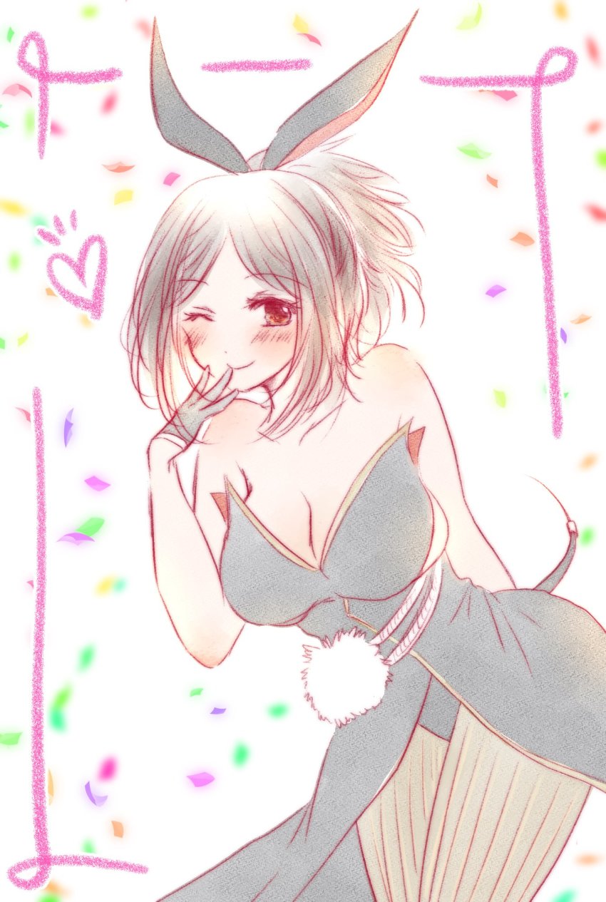 1girl, animal_ears, aquaplus, bare_arms, bare_shoulders, blush, breasts, cleavage