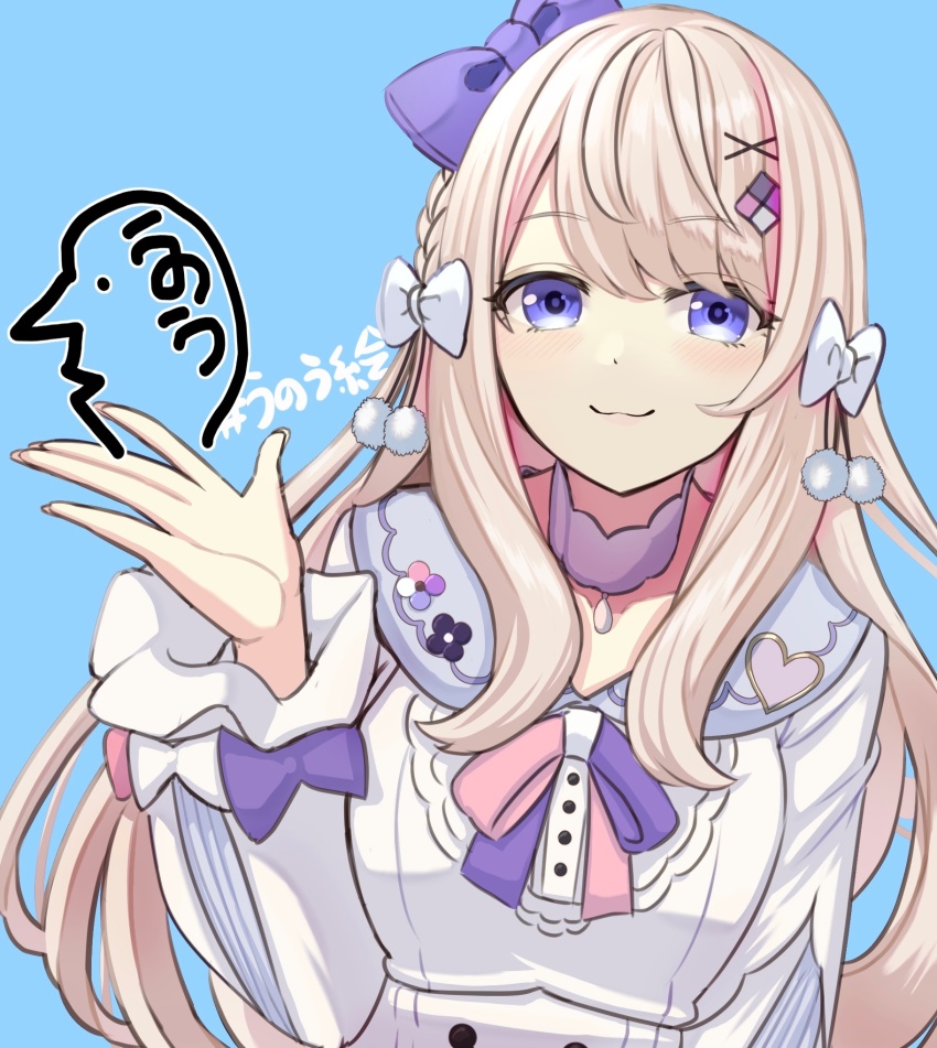 1girl, blonde_hair, blue_background, blue_eyes, choker, hair_ornament, hair_ribbon, hairclip