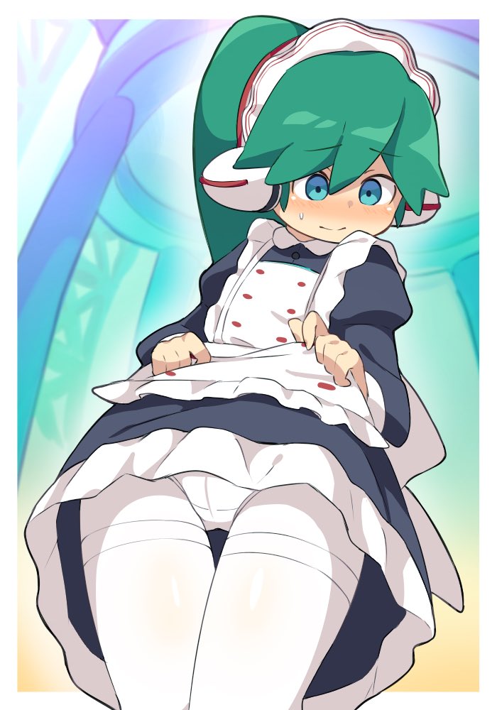1girl, android, apron, blue_eyes, blush, charu_(saru_getchu), closed_mouth, frills, green_hair, kei_15, long_hair, maid, maid_apron, maid_headdress, pantyhose, ponytail, robot_ears, saru_getchu, solo, sweatdrop, upskirt