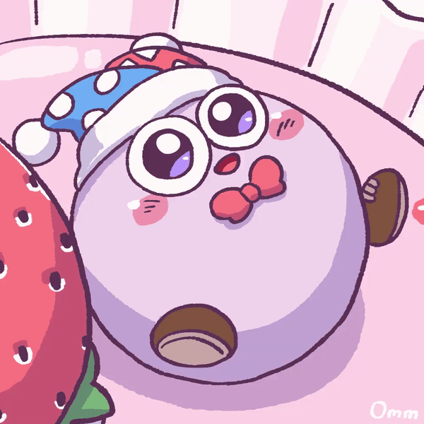 animated, animated_gif, blush_stickers, bow, bowtie, brown_footwear, colored_skin, food, fruit, hat, heart, jester_cap, kirby's_dream_buffet, kirby_(series), kirby_super_star, marx_(kirby), nintendo, no_humans, omuraisu_omm, purple_skin, rolling, signature, smile, solo, strawberry