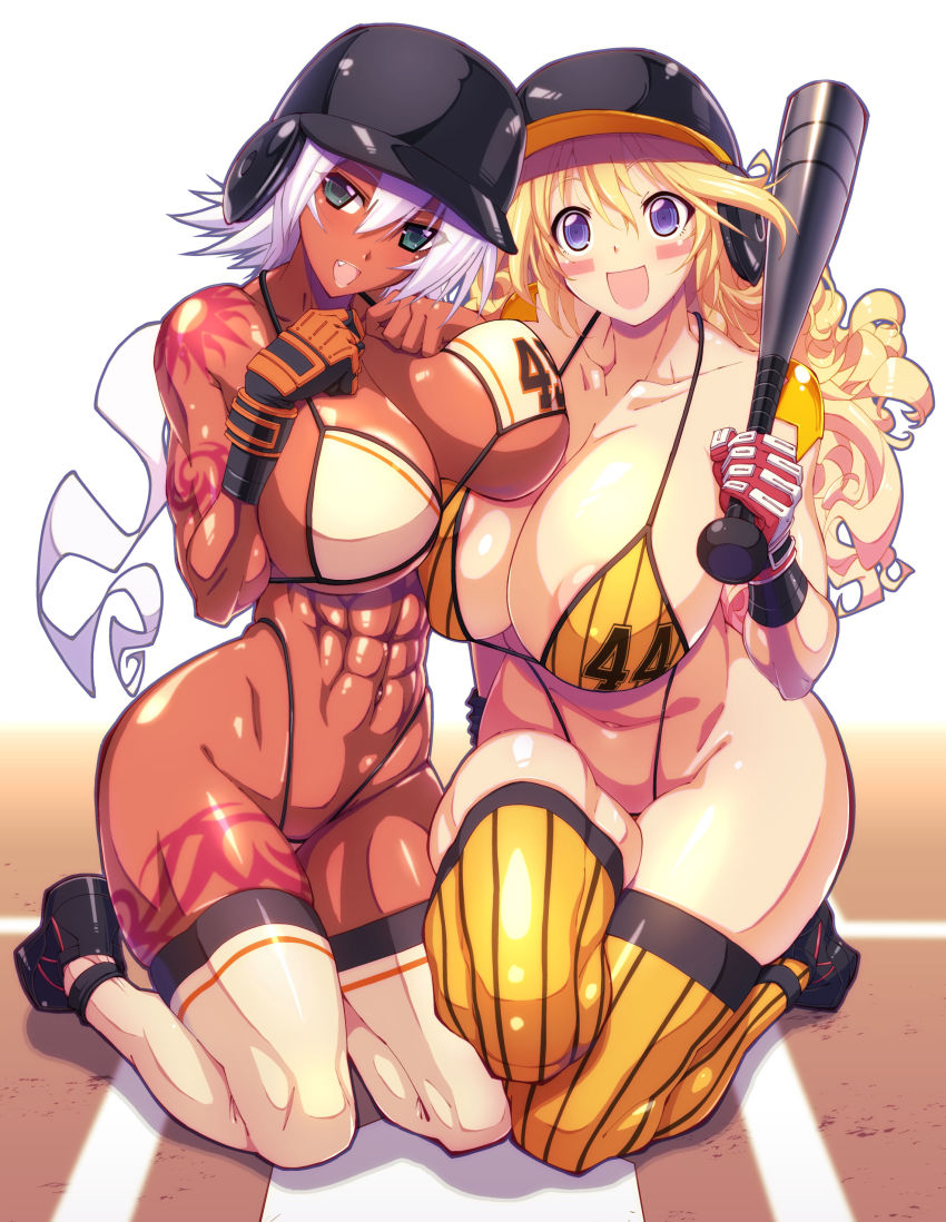 2girls, abs, absurdres, ahoge, arm_tattoo, ass, ass_tattoo, baseball_bat