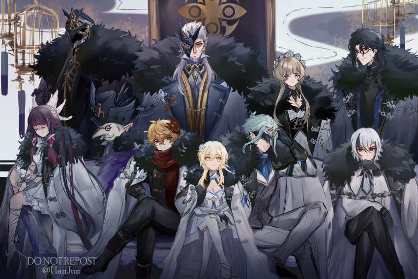 4girls, 6+boys, absurdres, arlecchino_(genshin_impact), artist_name, breasts, capitano_(genshin_impact), cleavage, closed_eyes, coat, columbina_(genshin_impact), crossed_legs, dottore_(genshin_impact), english_text, facial_hair, fatui_coat, fur-trimmed_coat, fur_trim, genshin_impact, glasses, gloves, half_mask, hanjun, highres, long_hair, long_nose, lumine_(genshin_impact), mask, multiple_boys, multiple_girls, mustache, pantalone_(genshin_impact), pierro_(genshin_impact), pointy_ears, pulcinella_(genshin_impact), sandrone_(genshin_impact), short_hair, tartaglia_(genshin_impact)