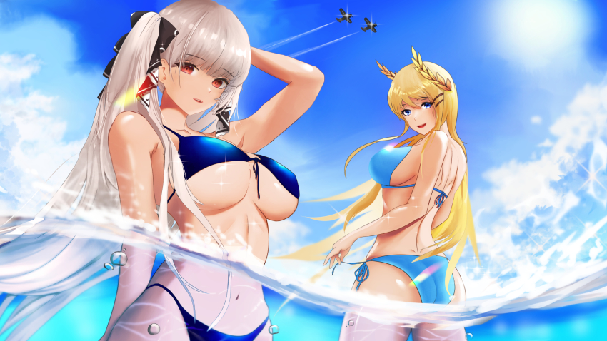 2girls, aircraft, airplane, alternate_costume, anniversary, arm_behind_back, arm_behind_head, armpits