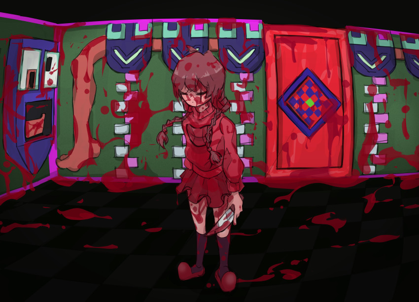 1girl, absurdres, black_socks, blood, blood_on_clothes, blood_on_face, blood_on_ground, blood_on_wall, bloody_weapon, braid, brown_hair, closed_eyes, door, full_body, highres, holding, holding_knife, in-universe_location, kitchen_knife, knife, long_hair, long_sleeves, madotsuki, miniskirt, pink_sweater, ratfoob, red_shoes, red_skirt, shoes, skirt, socks, solo, standing, sweater, twin_braids, weapon, yume_nikki
