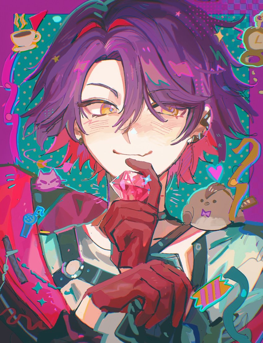 0021, chest_harness, colored_inner_hair, diamond_(gemstone), ear_piercing, earrings, facing_viewer, gem