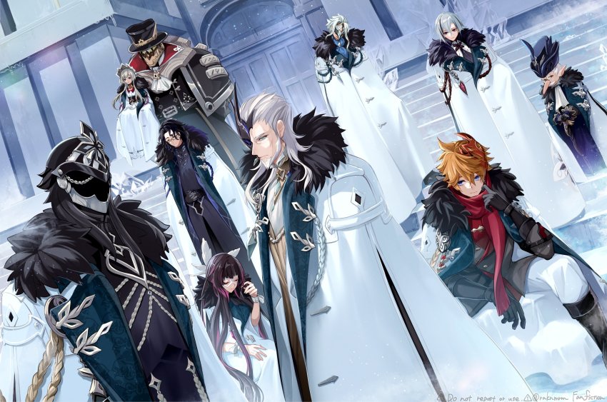 3girls, 6+boys, arlecchino_(genshin_impact), ascot, beard, black_footwear, black_gloves, black_hair