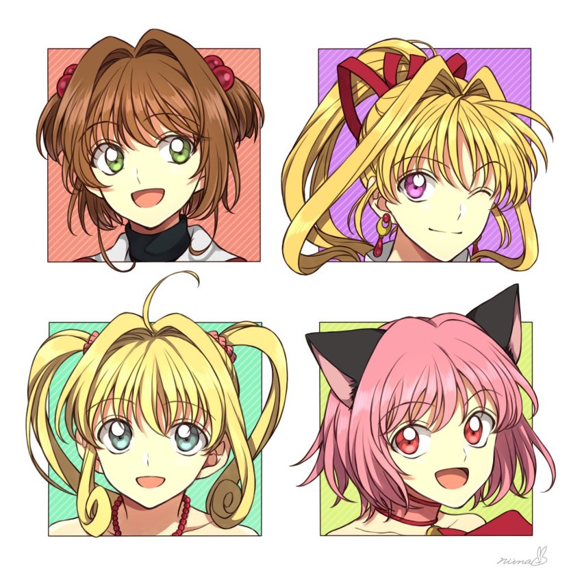 4girls, animal_ears, blonde_hair, brown_hair, cardcaptor_sakura, cat_ears, cat_girl, choker