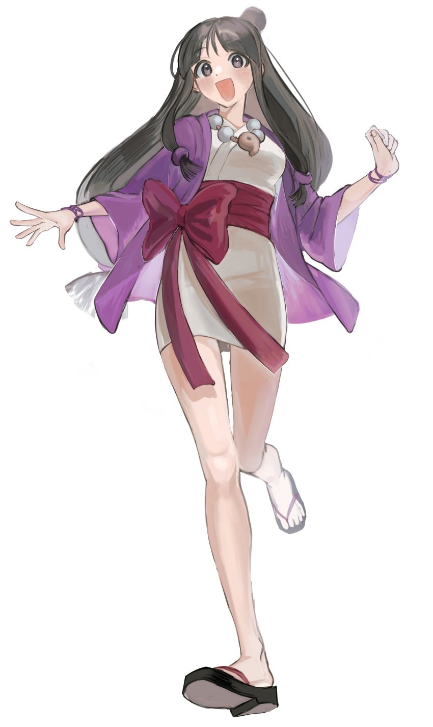1girl, :d, absurdres, ace_attorney, black_eyes, black_hair, flip-flops, full_body