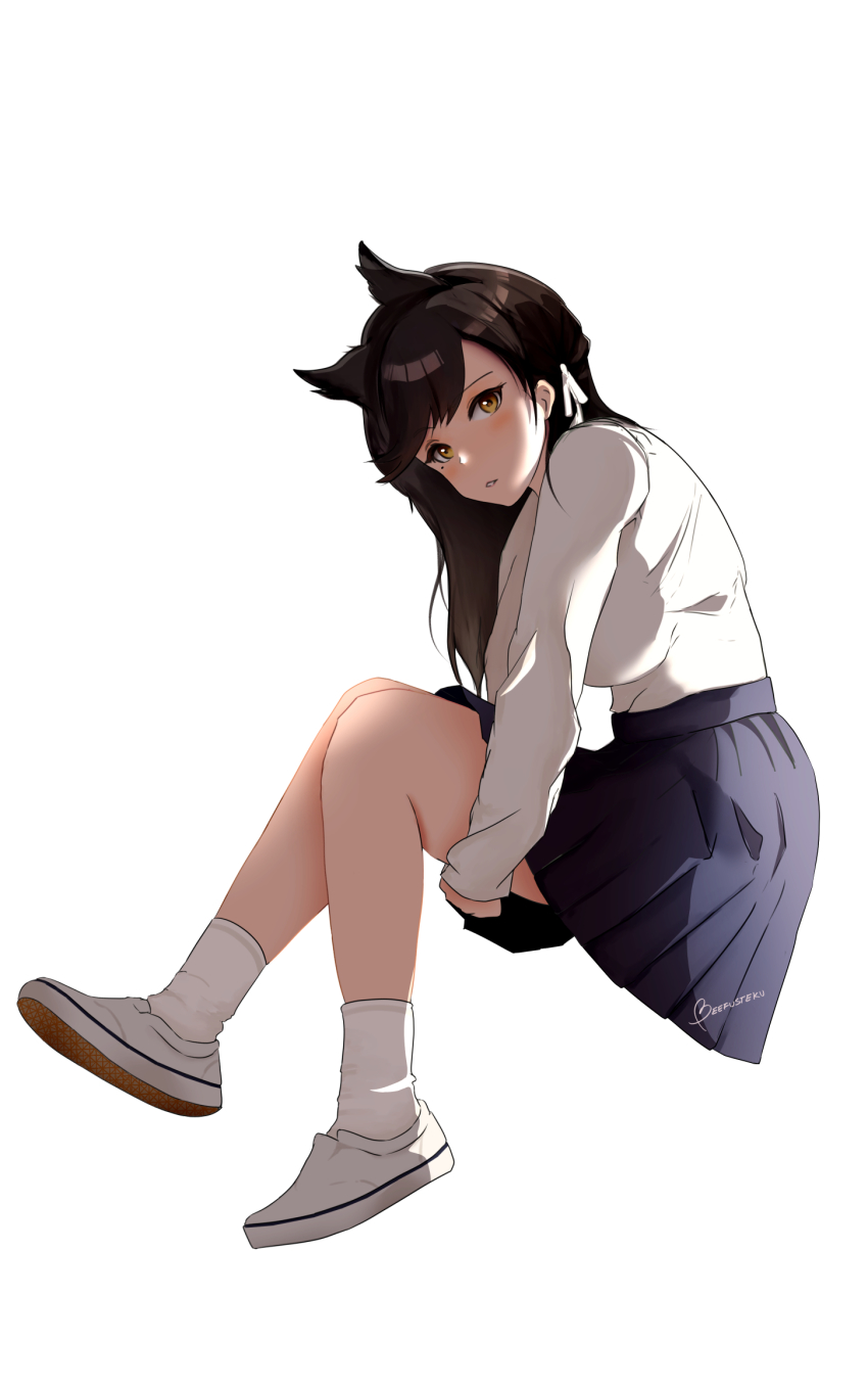 1girl, alternate_costume, animal_ears, artist_name, atago_(azur_lane), azur_lane, beefusteku, blue_skirt