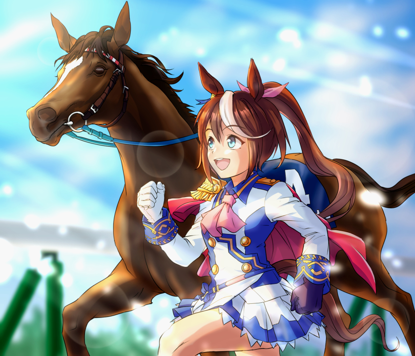 1girl, animal_ears, ascot, asymmetrical_gloves, black_gloves, blue_eyes, blue_jacket, blue_skirt, bow, brown_hair, capelet, cheenosuke, commentary_request, creature_and_personification, epaulettes, gloves, hair_bow, high_ponytail, highres, horse, horse_ears, horse_girl, horse_racing_track, horse_tail, jacket, long_hair, long_sleeves, miniskirt, mismatched_gloves, multicolored_hair, multicolored_jacket, name_connection, partial_commentary, personification, pink_bow, ponytail, red_capelet, running, single_epaulette, skirt, tail, tokai_teio_(racehorse), tokai_teio_(umamusume), two-tone_hair, two-tone_jacket, two-tone_skirt, umamusume, white_gloves, white_hair, white_jacket, white_skirt