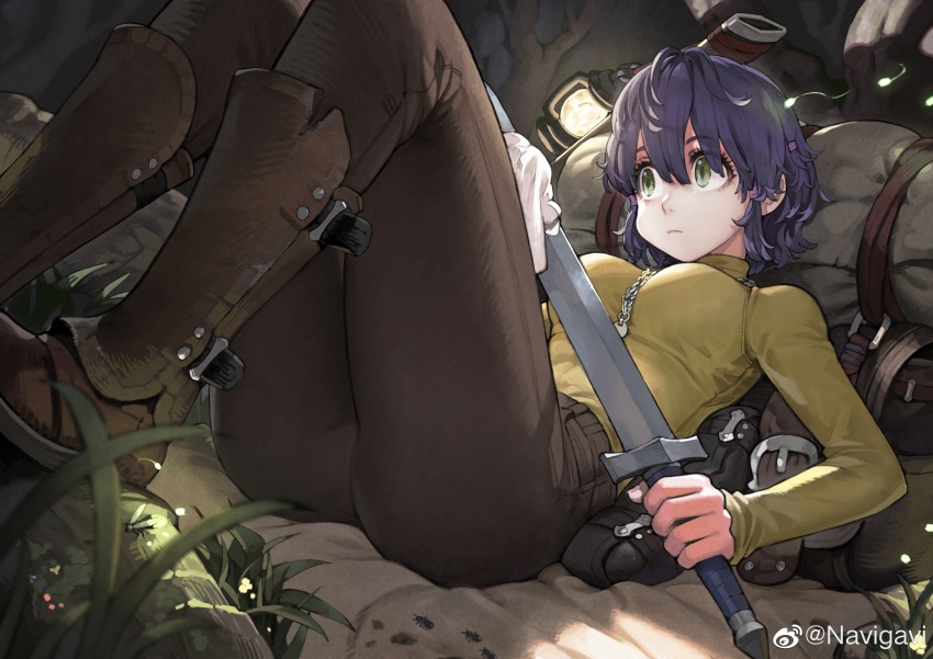 1girl, absurdres, ass, backpack, bag, between_breasts, boots, breasts, brown_boots, brown_pants, cleaning_sword, commentary_request, frown, grass, green_eyes, hair_between_eyes, handkerchief, highres, holding, holding_sword, holding_weapon, jewelry, jun_(navigavi), knee_boots, lantern, long_sleeves, lying, medium_breasts, medium_hair, necklace, original, pants, purple_hair, scabbard, sheath, shirt, shirt_tucked_in, solo, sword, thighs, turtleneck, watermark, weapon, weibo_watermark, yellow_shirt