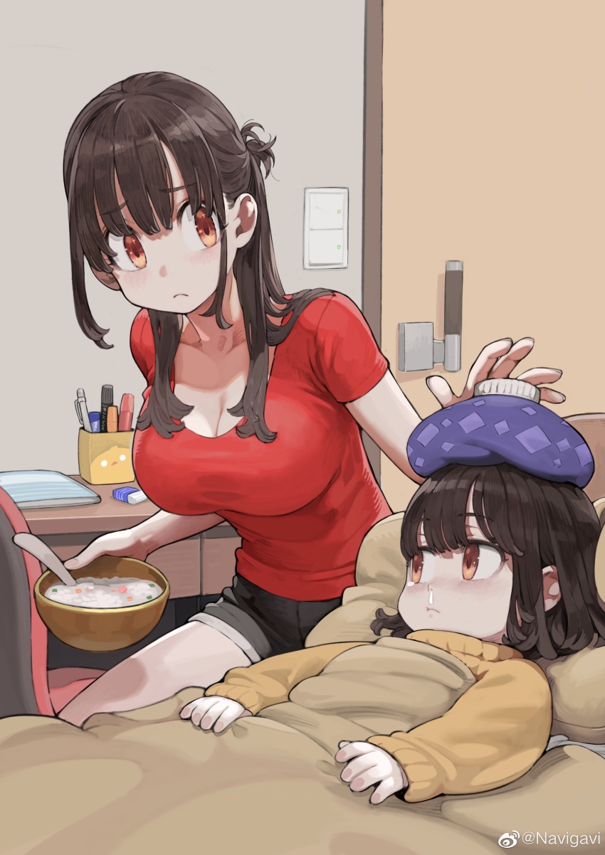2girls, absurdres, age_difference, bed, big_sister_(navigavi), blanket, bowl, breasts, brown_eyes, brown_hair, chair, child, cleavage, commentary_request, desk, door, eraser, frown, highres, holding, holding_bowl, ice_pack, indoors, jun_(navigavi), large_breasts, little_sister_(navigavi), long_sleeves, lying, marker, multiple_girls, notepad, original, pen, pillow, porridge, red_shirt, rice_porridge, runny_nose, shirt, shorts, siblings, sick, sisters, sleeves_past_wrists, snot, sparkling_eyes, spoon, sweater, t-shirt, tearing_up, under_covers, watermark, weibo_watermark