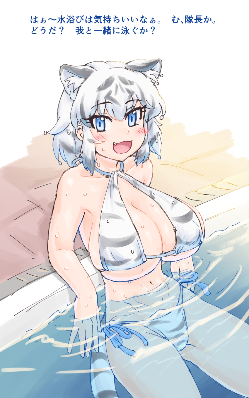 1girl, bathing, bikini, blue_eyes, blush, breasts, cleavage, commentary_request