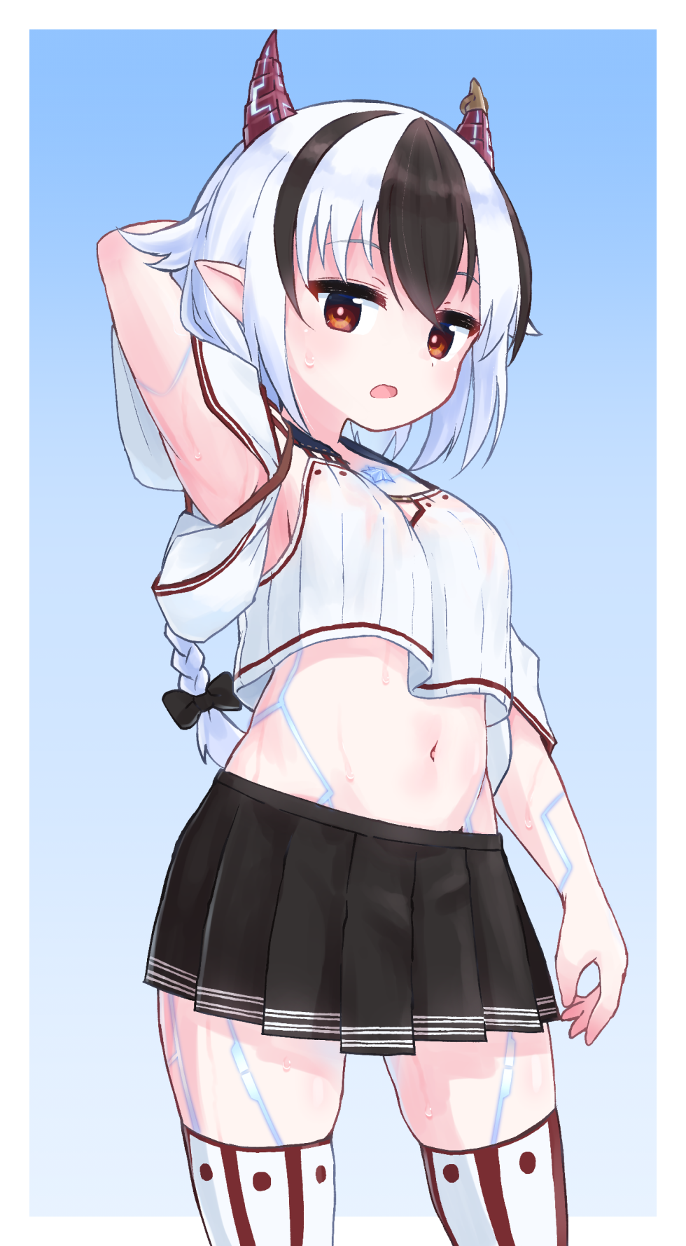 1girl, adapted_costume, black_hair, chest_jewel, crossette_(xenoblade), highres, horns, miniskirt