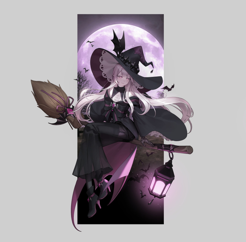 1girl, absurdres, baegbalbaegjung, black_dress, black_footwear, broom, closed_mouth, dress