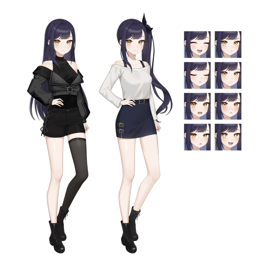 1girl, absurdres, ankle_boots, baegbalbaegjung, black_footwear, black_shorts, black_thighhighs, blue_hair