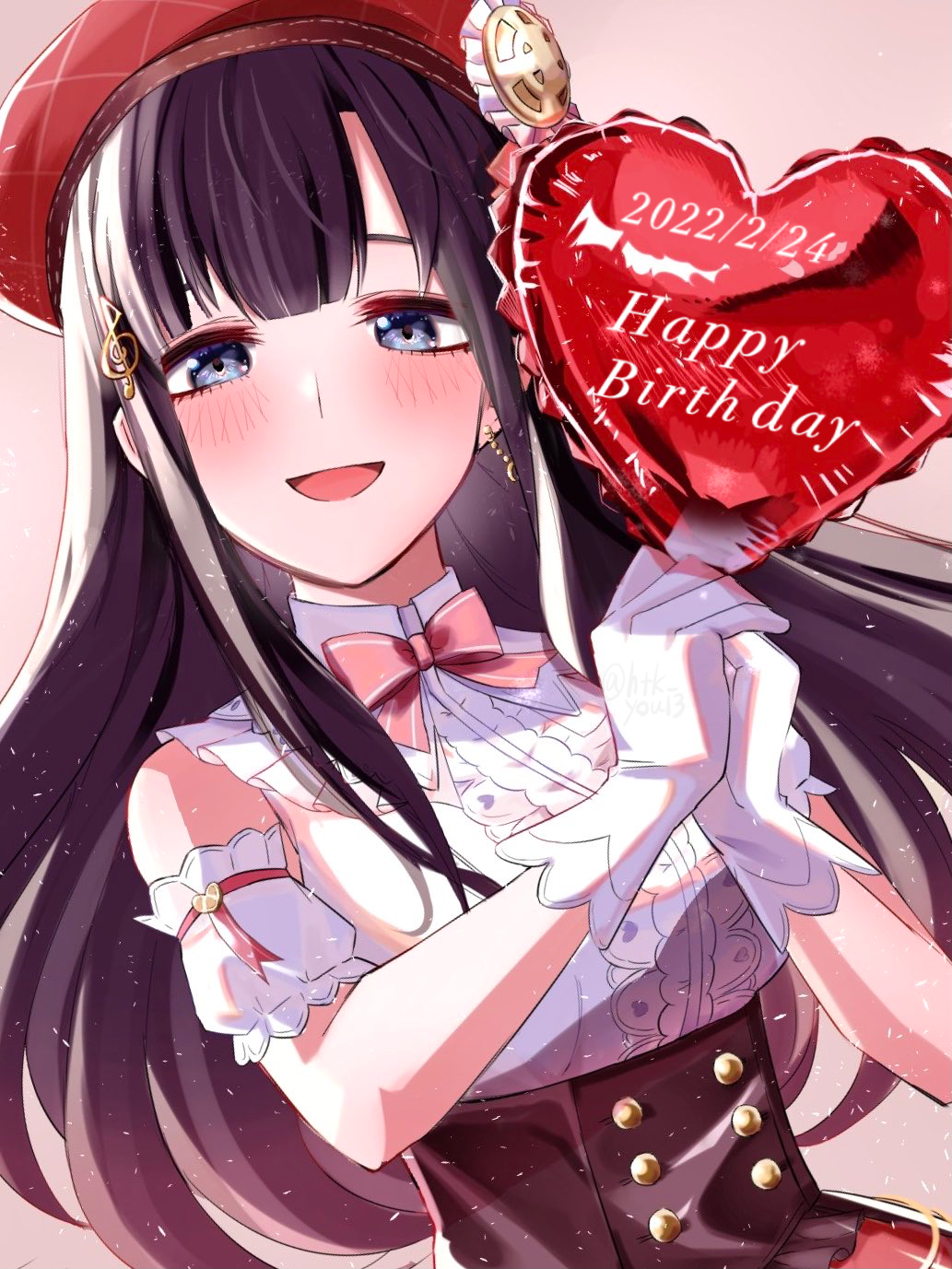1girl, :d, balloon, black_hair, blue_eyes, blush, bow, bowtie