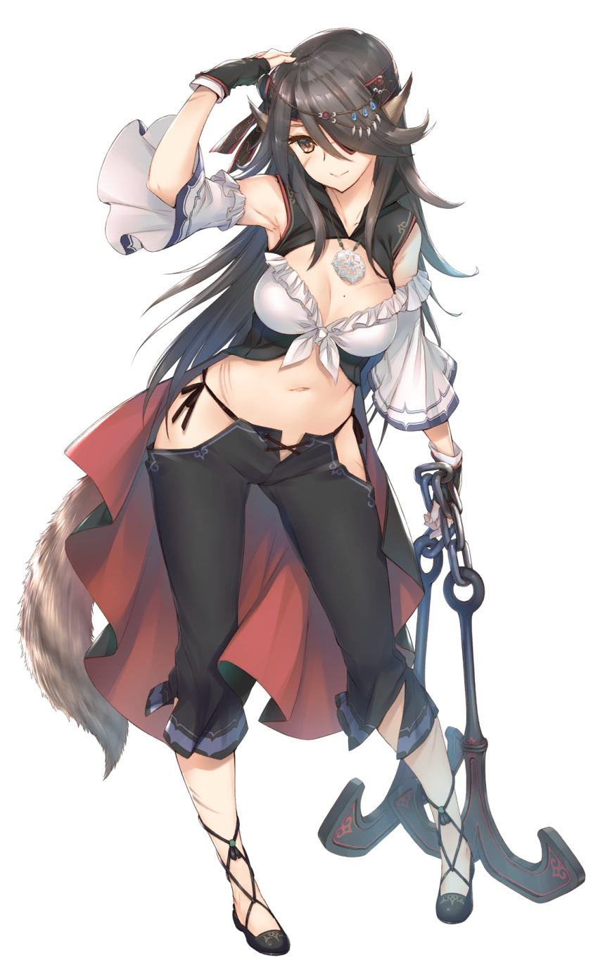 1girl, ainu_clothes, anchor, animal_ears, aquaplus, arm_up, black_hair, breasts, brown_eyes, cleavage, cleavage_cutout, closed_mouth, clothing_cutout, crop_top, detached_sleeves, eyepatch, facial_scar, fingerless_gloves, frilled_shirt, frilled_sleeves, frills, full_body, gloves, gradient_eyes, gradient_hair, hair_ornament, hair_over_one_eye, hair_over_shoulder, headband, highres, hip_vent, holding, holding_anchor, holding_weapon, jewelry, juuni_(utawarerumono:_lost_flag), kawata_hisashi, leaning_to_the_side, long_hair, long_sleeves, medium_breasts, messy_hair, midriff, mole, mole_on_breast, multicolored_eyes, multicolored_hair, necklace, off_shoulder, official_art, open_clothes, pants, pirate_costume, scar, scar_on_cheek, scar_on_chest, scar_on_face, scar_on_stomach, shirt, short_sleeves, sidelocks, smile, solo, standing, swept_bangs, tail, transparent_background, utawarerumono, utawarerumono:_lost_flag, very_long_hair, weapon, wide_sleeves, wolf_ears, wolf_girl, wolf_tail