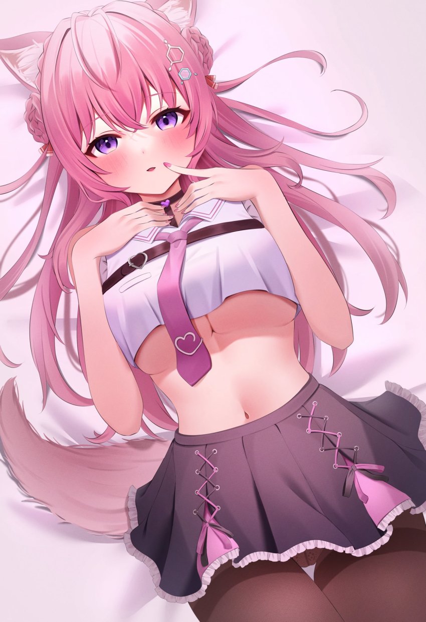 1girl, animal_ear_fluff, animal_ears, black_pantyhose, black_skirt, braid, braided_bun, breasts