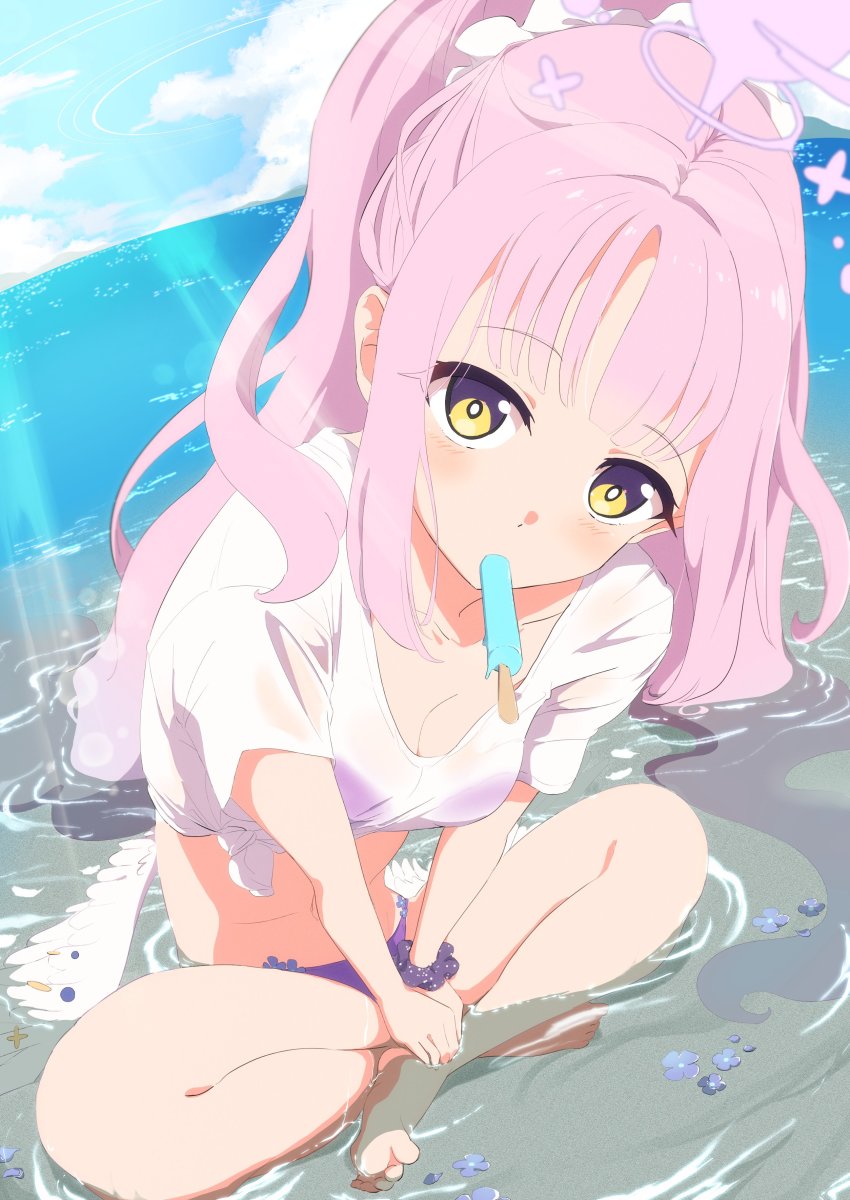 1girl, absurdres, barefoot, bikini, bikini_under_clothes, blue_archive, breasts, cleavage