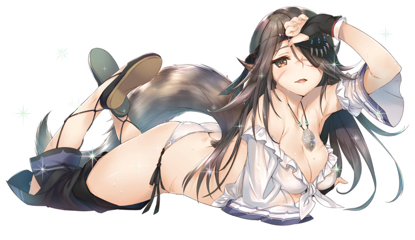1girl, ainu_clothes, animal_ears, aquaplus, arm_up, ass, bare_shoulders, black_hair, breasts, brown_eyes, butt_crack, cleavage, cleavage_cutout, unworn_clothes, clothing_cutout, collarbone, crop_top, detached_sleeves, eyepatch, facial_scar, frilled_shirt, frilled_sleeves, frills, from_side, full_body, gradient_eyes, gradient_hair, hair_between_eyes, hair_over_one_eye, hair_over_shoulder, headband, highres, huge_ass, jewelry, juuni_(utawarerumono:_lost_flag), kawata_hisashi, legs_up, lips, long_hair, looking_at_viewer, lying, medium_breasts, messy_hair, mole, mole_on_breast, multicolored_eyes, multicolored_hair, necklace, nose, off_shoulder, official_art, on_stomach, open_mouth, panties, pants, pants_around_one_leg, unworn_pants, pirate_costume, scar, scar_on_cheek, scar_on_chest, scar_on_face, scar_on_nose, scar_on_stomach, shirt, sidelocks, solo, sparkle, swept_bangs, tail, taut_clothes, thick_thighs, thighs, toned, toned_stomach, tongue, transparent_background, underwear, utawarerumono, utawarerumono:_lost_flag, very_long_hair, wet, wet_clothes, wet_hair, wet_shirt, wolf_ears, wolf_girl, wolf_tail