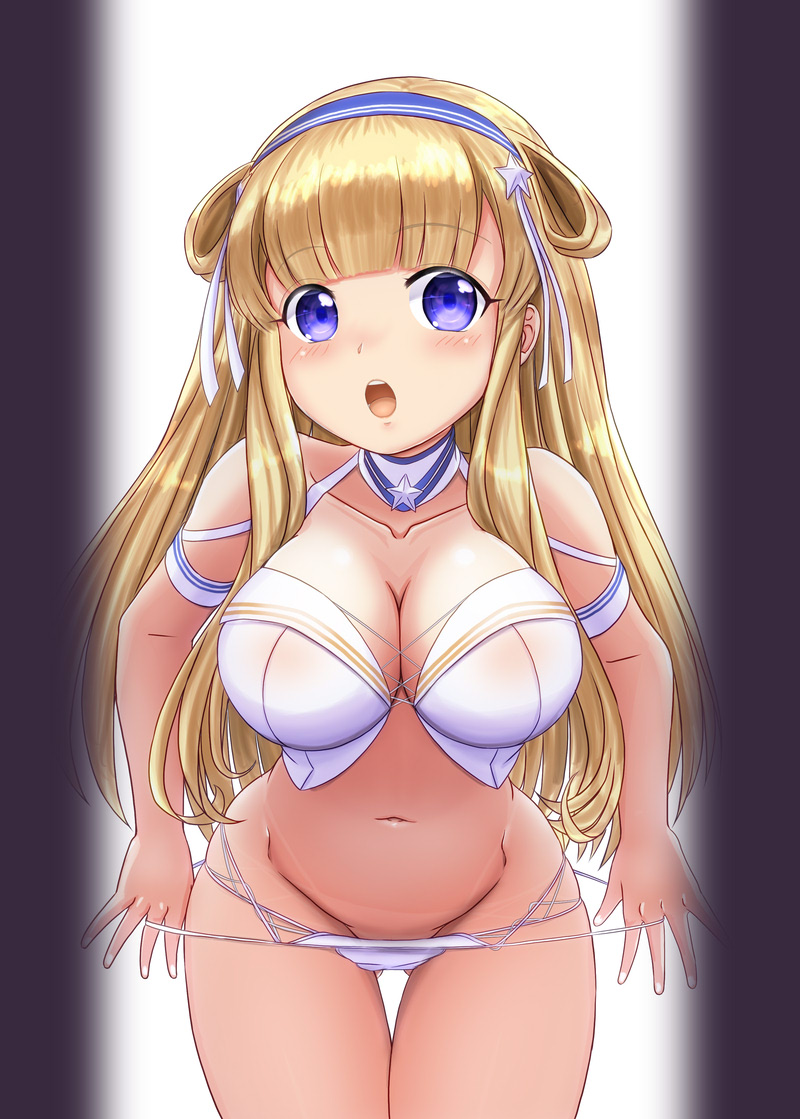 1girl, bikini, blonde_hair, blue_hairband, breasts, cleavage, cowboy_shot, detached_collar