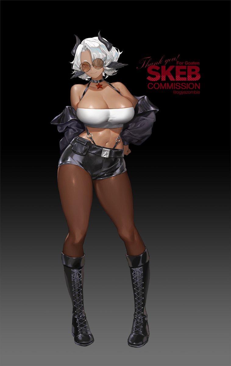 1girl, boors, boots, breasts, cleavage, commentary_request, commission, dark-skinned_female