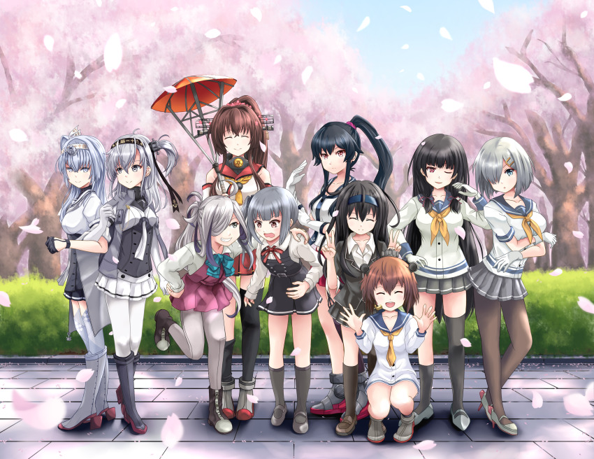 6+girls, absurdres, ahoge, aqua_bow, aqua_bowtie, armband, asashimo_(kancolle), asymmetrical_legwear
