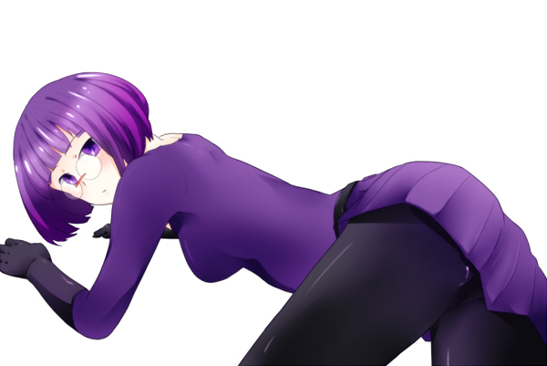 1girl, ass, black_gloves, blunt_bangs, bob_cut, breasts, collarbone, dress, elbow_gloves, elite_four, glasses, gloves, lying, nintendo, on_side, pantyhose, pokemon, pokemon_black_and_white, purple_dress, purple_eyes, purple_hair, purple_skirt, round_eyewear, shauntal_(pokemon), short_dress, short_hair, sideboob, skirt, solo, wocam