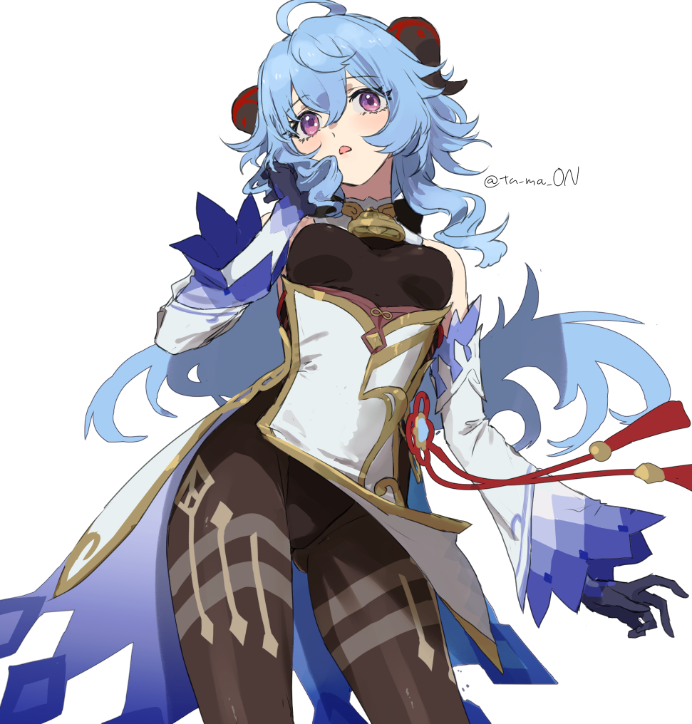 1girl, bare_shoulders, black_gloves, black_leotard, blue_hair, breasts, brown_pantyhose, commentary