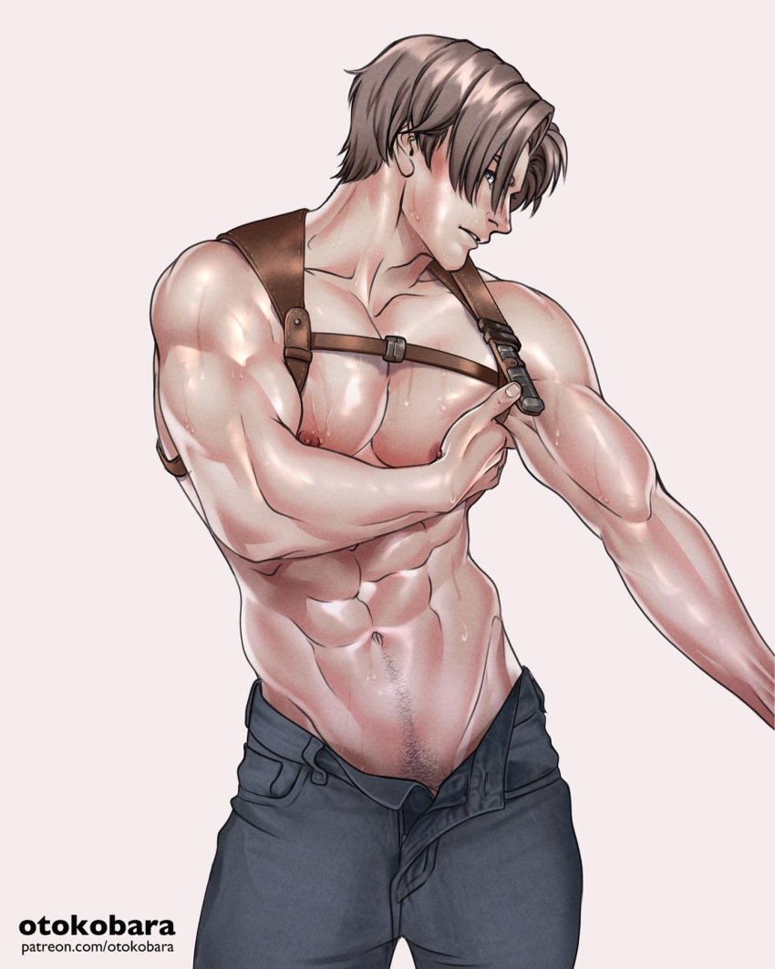 1boy, abs, artist_name, bara, black_pants, brown_hair, chest_harness, harness