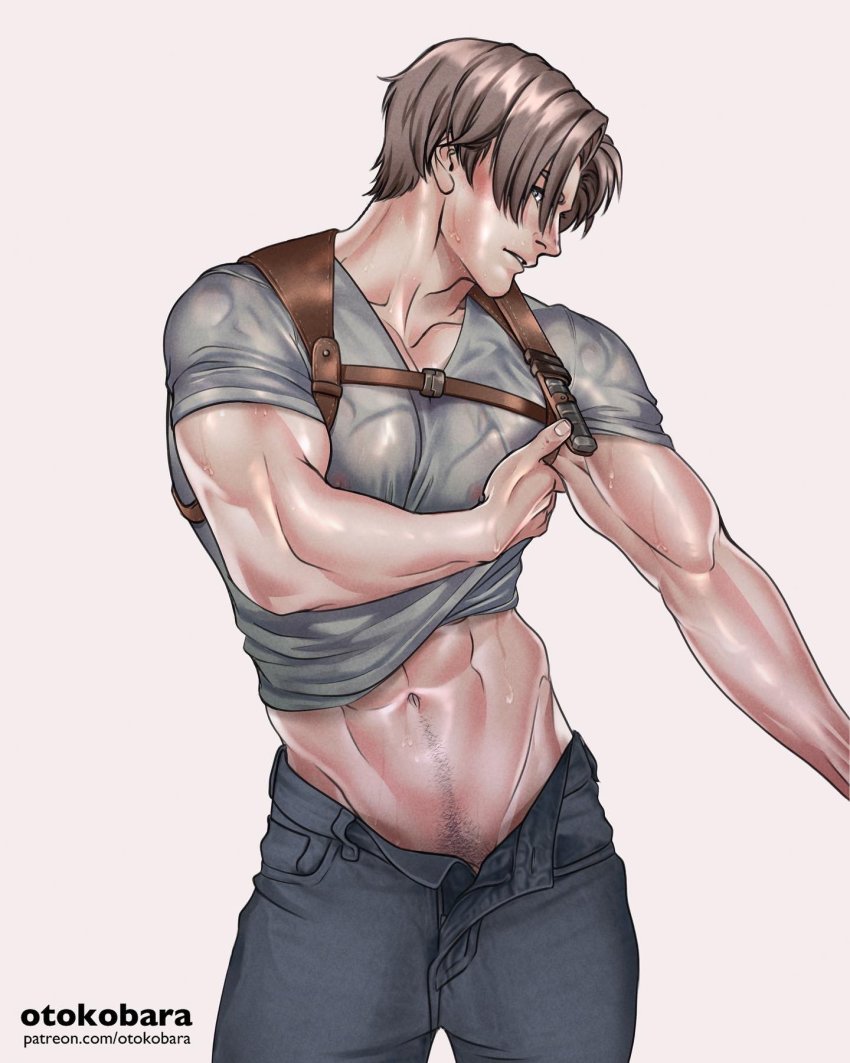1boy, abs, artist_name, bara, black_pants, brown_hair, chest_harness, grey_shirt