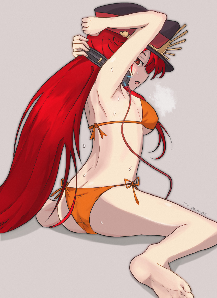 1girl, arms_behind_head, ass, barefoot, bikini, breasts, butt_crack, fate/grand_order