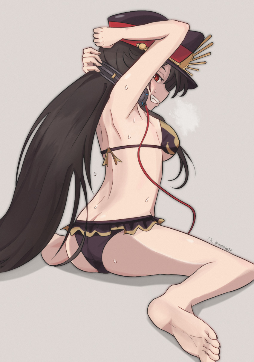 1girl, arms_behind_head, ass, barefoot, bikini, black_bikini, black_hair, breasts, butt_crack, fate/grand_order, fate_(series), from_side, grin, hat, headphones, headphones_around_neck, heavy_breathing, highres, large_breasts, long_hair, ludwigtk, military_hat, oda_nobunaga_(fate), oda_nobunaga_(swimsuit_berserker)_(fate), oda_nobunaga_(swimsuit_berserker)_(second_ascension)_(fate), oda_uri, red_eyes, smile, sweat, swimsuit, twitter_username