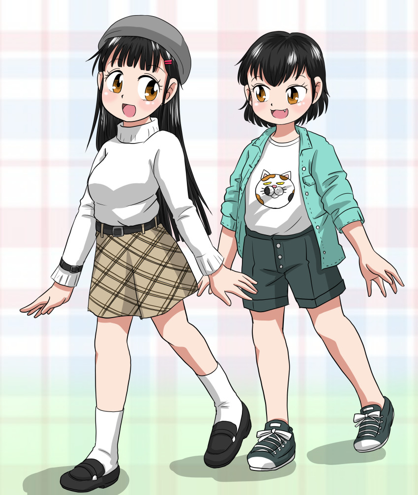 2girls, :3, absurdres, animal_print, black_footwear, black_hair, black_shorts, black_skirt