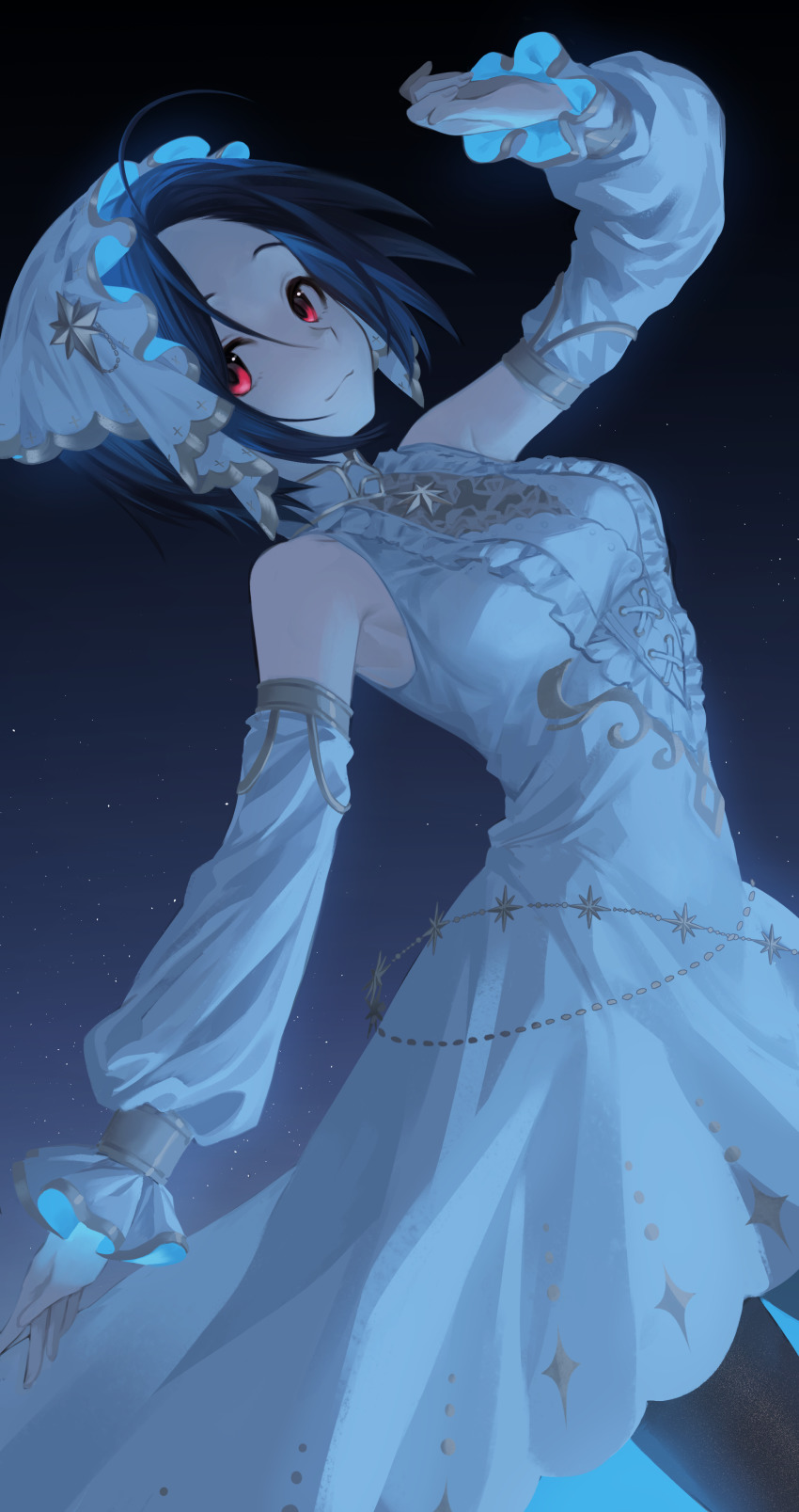 1girl, absurdres, ahoge, blue_hair, breasts, commentary_request, detached_sleeves, dress